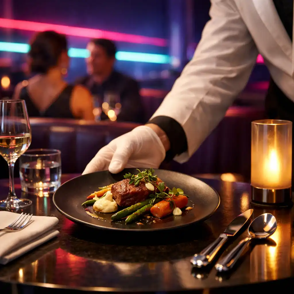 Gondosan tálalt fogás érkezik egy elegáns, meleg fényű éttermi asztalhoz a lila lounge-térben.