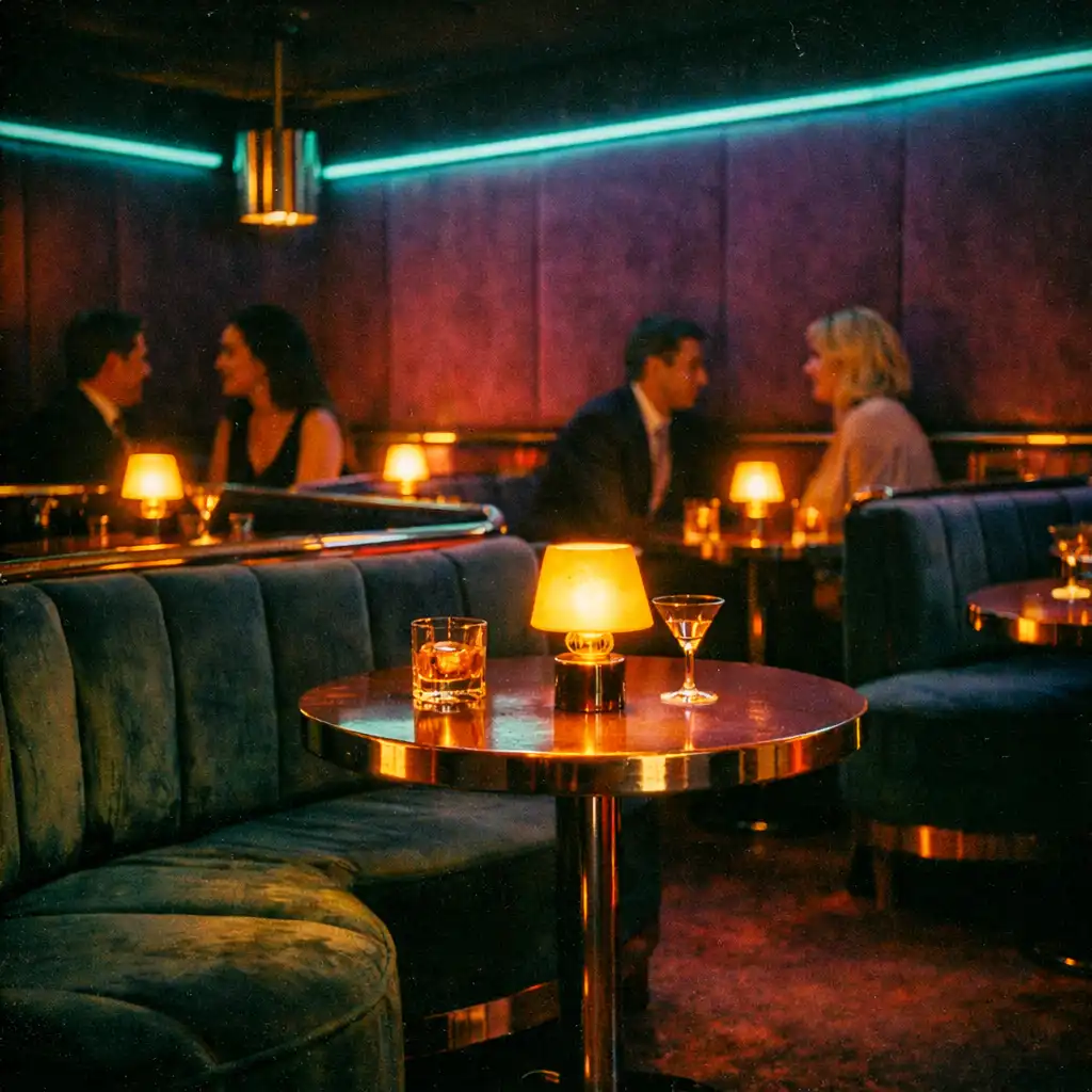 Lila és türkiz fényű prémium lounge ülőhelyek esti hangulatban