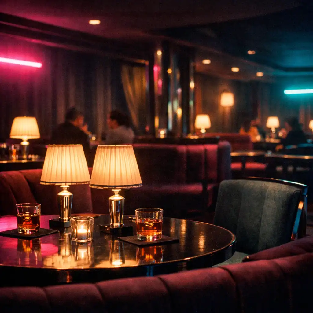 Elegáns sötétlila étterem-lounge félreeső asztalokkal, meleg lámpákkal és visszafogott neonfényekkel