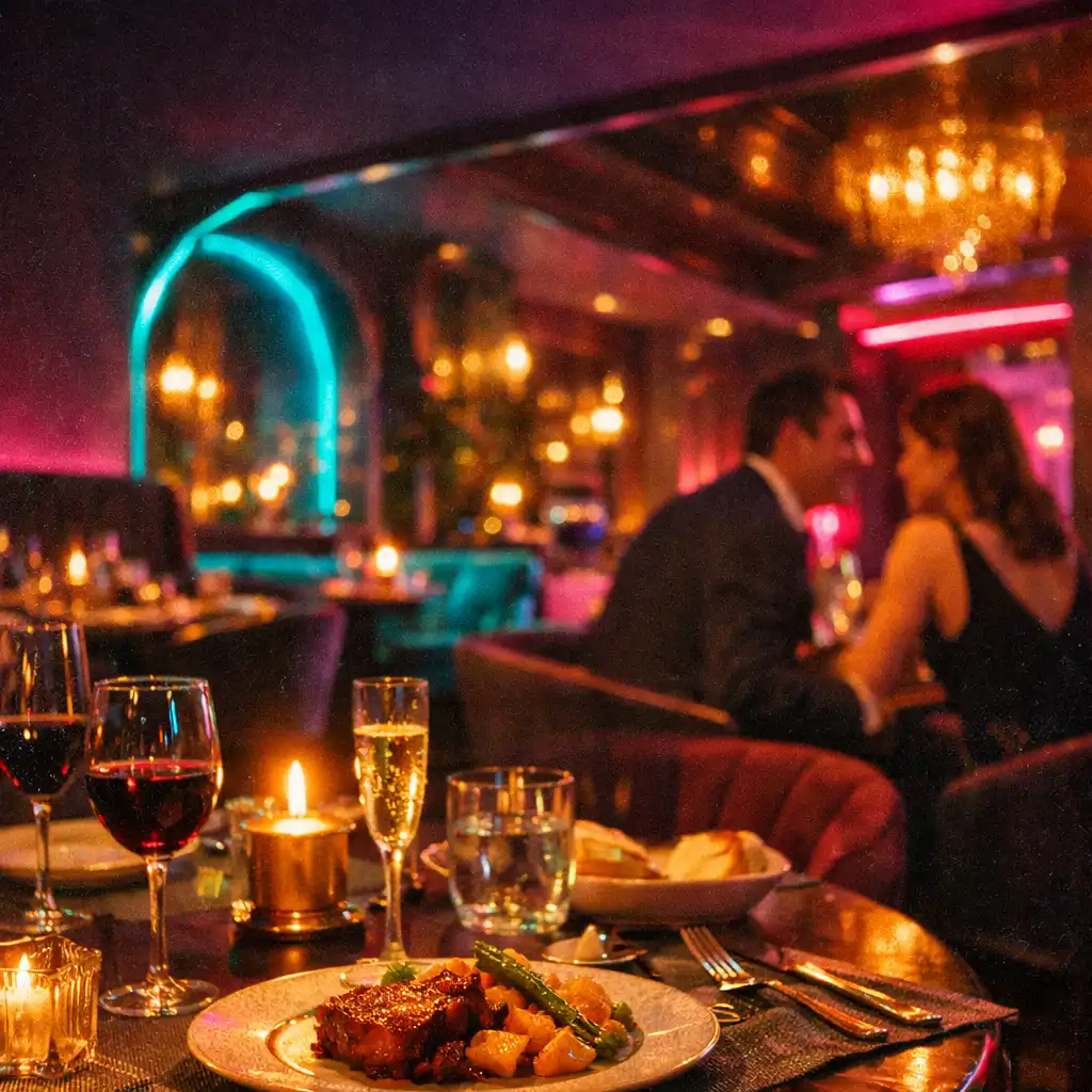 Borostyán fényű terített asztalok és két beszélgető vendég az Urban Flavorr lila árnyalatú lounge-terében