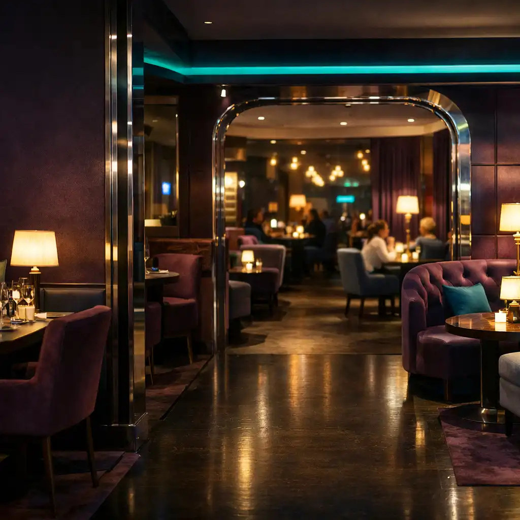 Egymásba nyíló éttermi és lounge-zónák meleg asztali fényekkel az Urban Flavorr esti belső terében