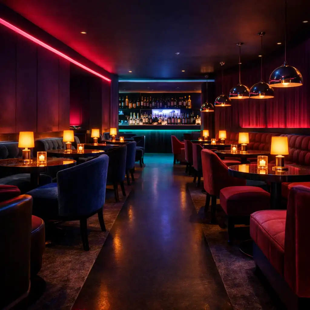 Lila árnyalatú Urban Flavorr lounge enteriőr bársonyos ülőhelyekkel, étkezőasztalokkal és krómozott lámpákkal