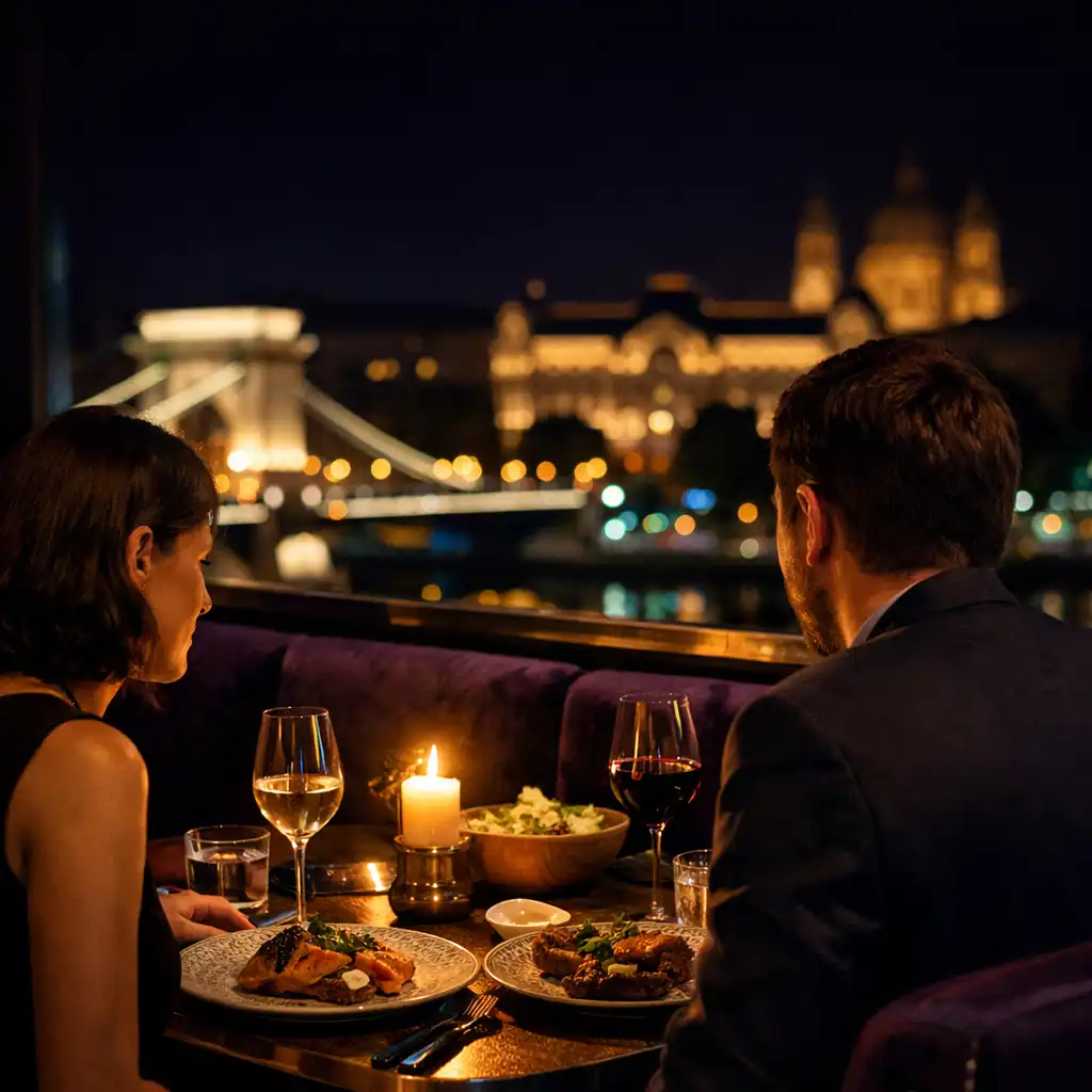 Két vendég esti vacsorája gyertyafényes asztalnál, lila lounge-enteriőrben